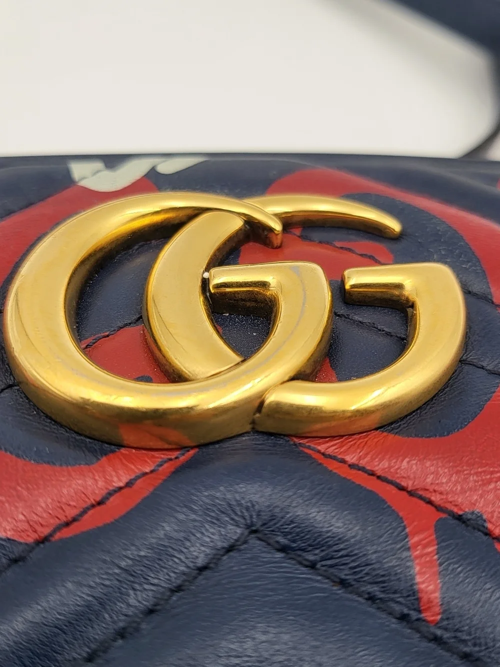 GUCCI Blue Ghost Print Quilted Leather Marmont Metalasse Bag, Authentic w/COA.